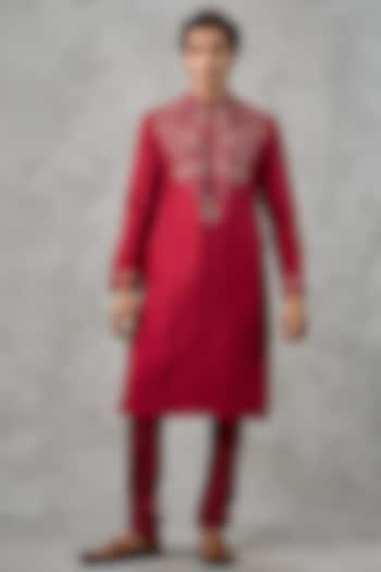 Red Art Silk Thread Embroidered Kurta Set by Twamev at Pernia's Pop Up Shop
