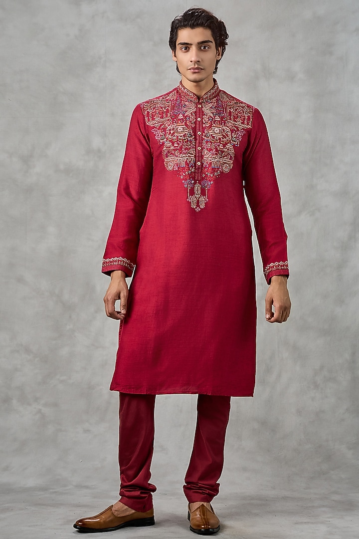 Red Art Silk Thread Embroidered Kurta Set by Twamev at Pernia's Pop Up Shop