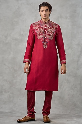 Red Art Silk Thread Embroidered Kurta Set by Twamev