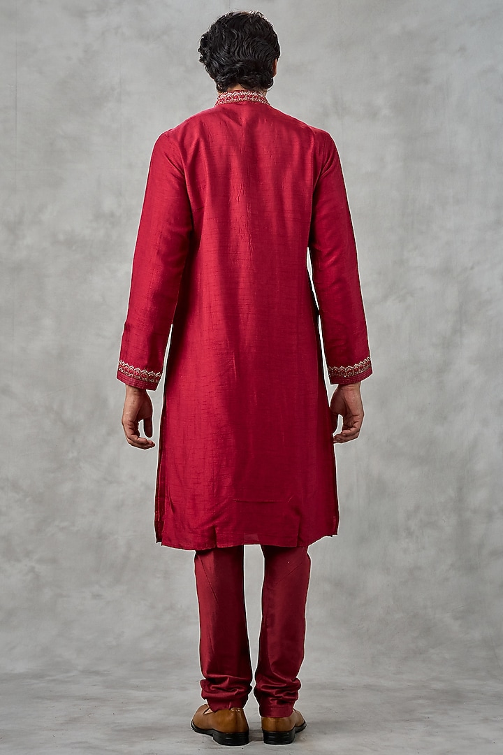 Red Art Silk Thread Embroidered Kurta Set by Twamev at Pernia's Pop Up Shop