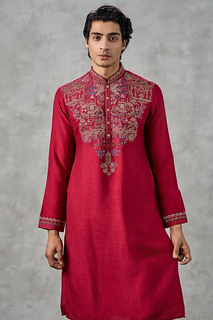 Red Art Silk Thread Embroidered Kurta Set by Twamev at Pernia's Pop Up Shop