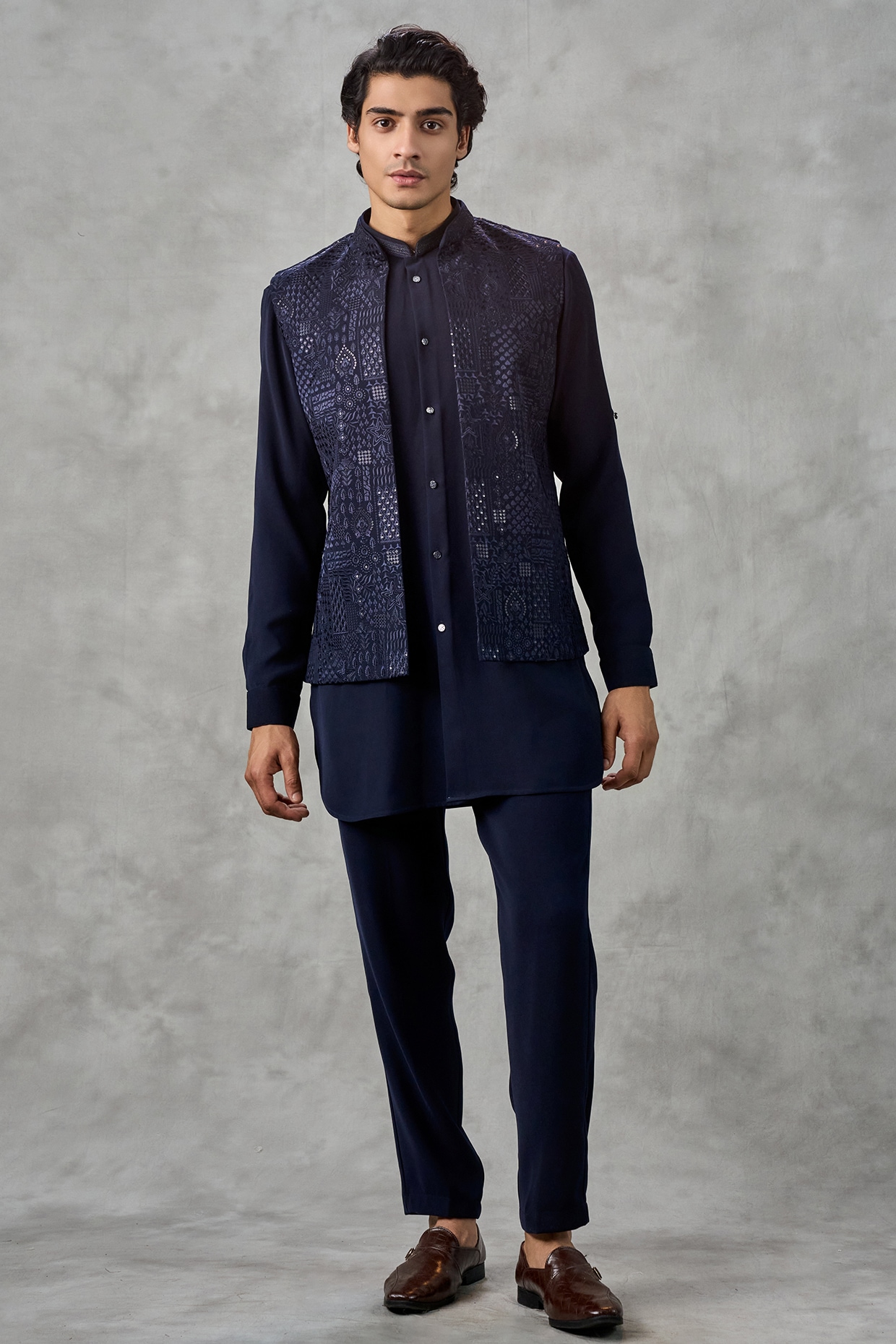 Twamev Blue Blended Viscose Thread Embroidered Jacket Set