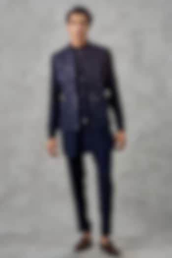 Blue Blended Viscose Thread Embroidered Jacket Set by Twamev at Pernia's Pop Up Shop