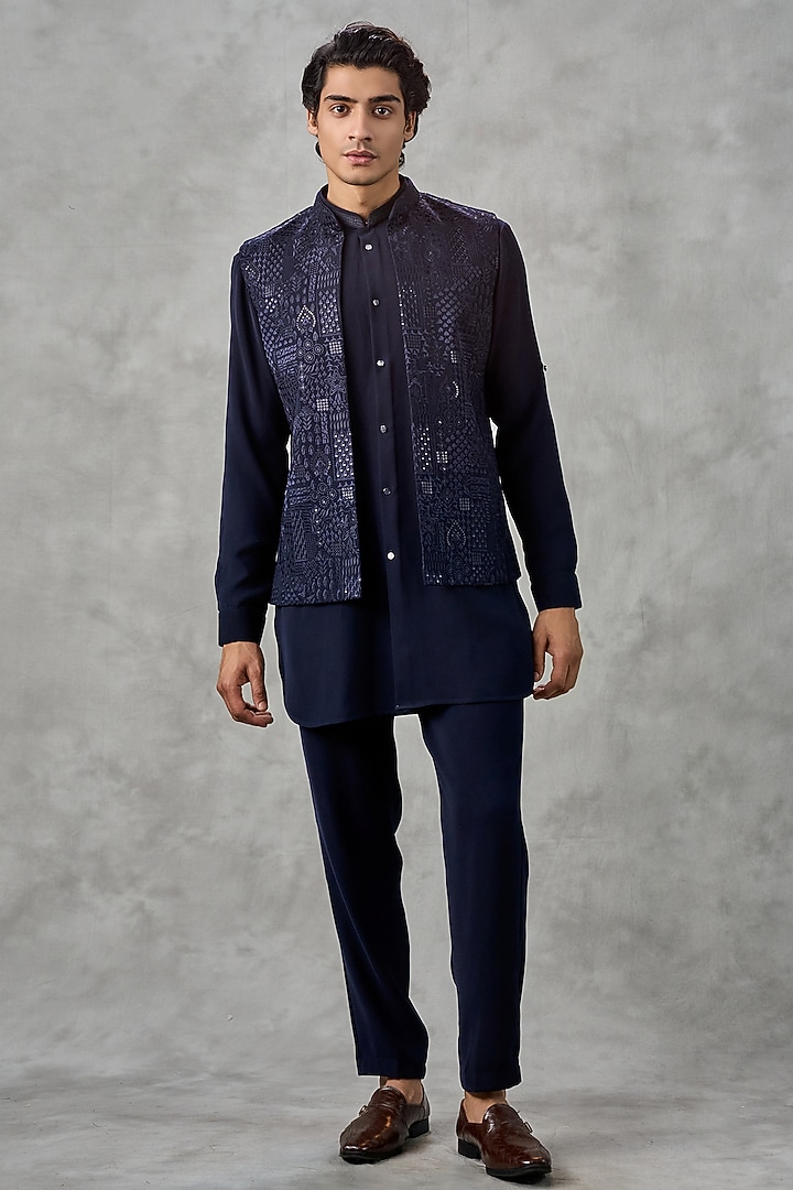 Blue Blended Viscose Thread Embroidered Jacket Set by Twamev at Pernia's Pop Up Shop