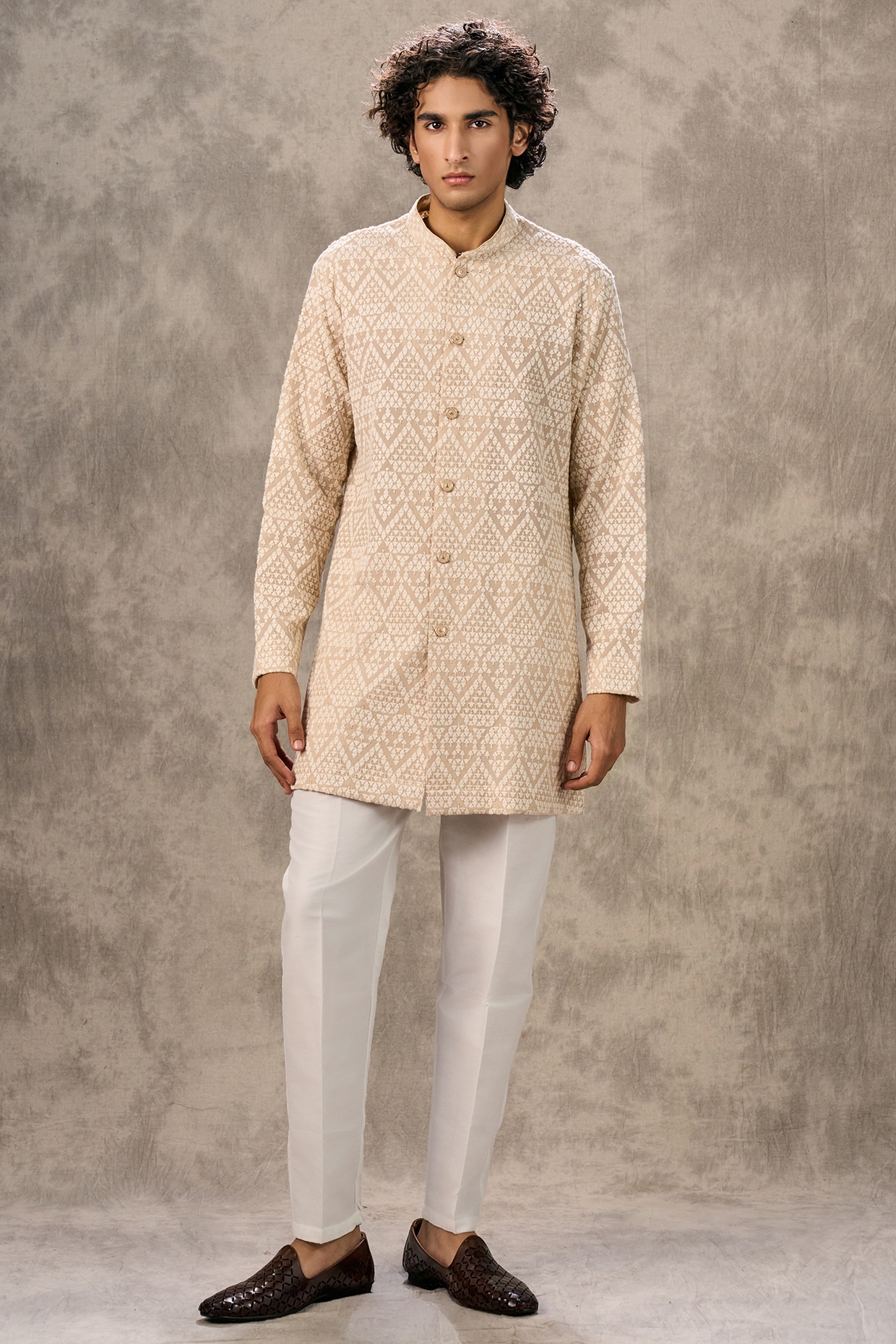 Twamev Beige Georgette Thread Embroidered Kurta Set