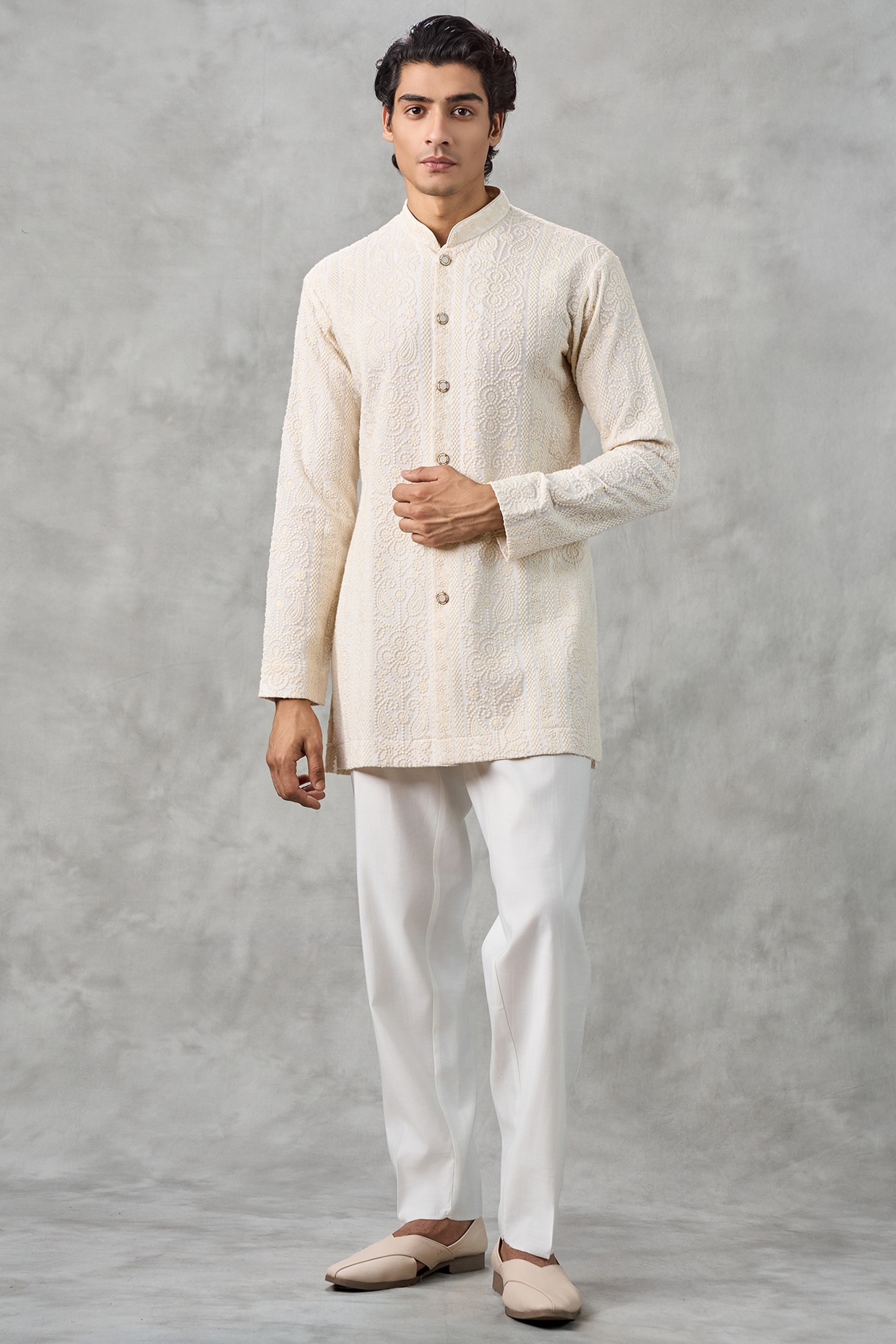 Twamev Cream Georgette Thread Embroidered Kurta Set