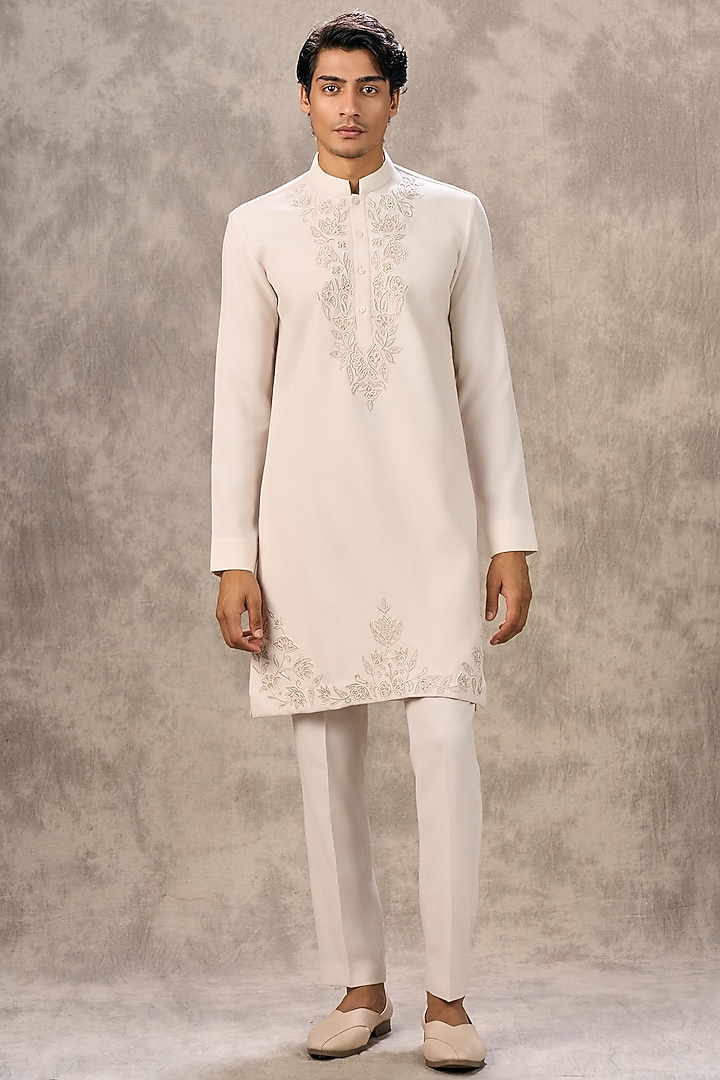Cream Knit Fabric Thread Embroidered Kurta Set by Twamev at Pernia's Pop Up Shop