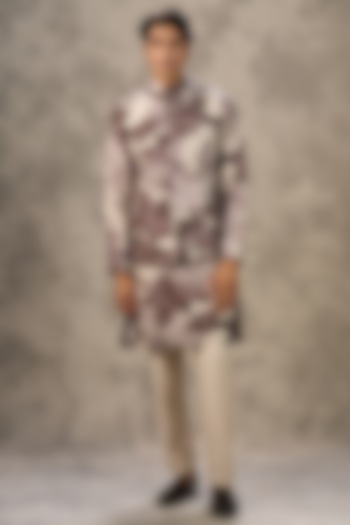 Grey Art Silk Printed & Beadwork Bundi Jacket Set by Twamev at Pernia's Pop Up Shop