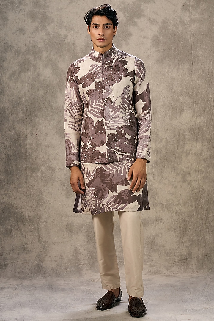 Grey Art Silk Printed & Beadwork Bundi Jacket Set by Twamev at Pernia's Pop Up Shop