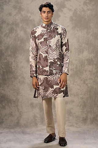 Grey Art Silk Printed & Beadwork Bundi Jacket Set by Twamev
