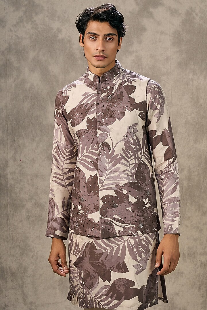 Grey Art Silk Printed & Beadwork Bundi Jacket Set by Twamev at Pernia's Pop Up Shop