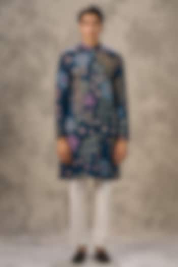 Dark Blue Art Silk Printed & Beadwork Bundi Jacket Set by Twamev at Pernia's Pop Up Shop
