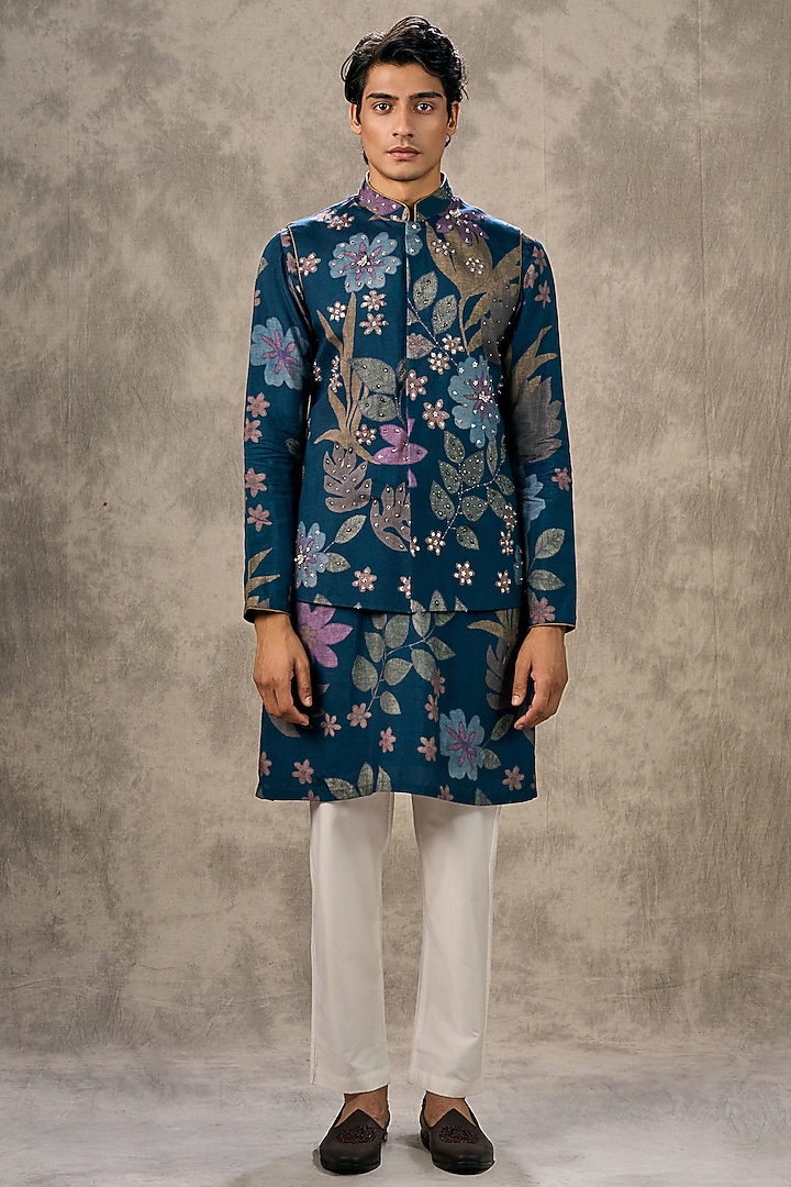 Dark Blue Art Silk Printed & Beadwork Bundi Jacket Set by Twamev at Pernia's Pop Up Shop
