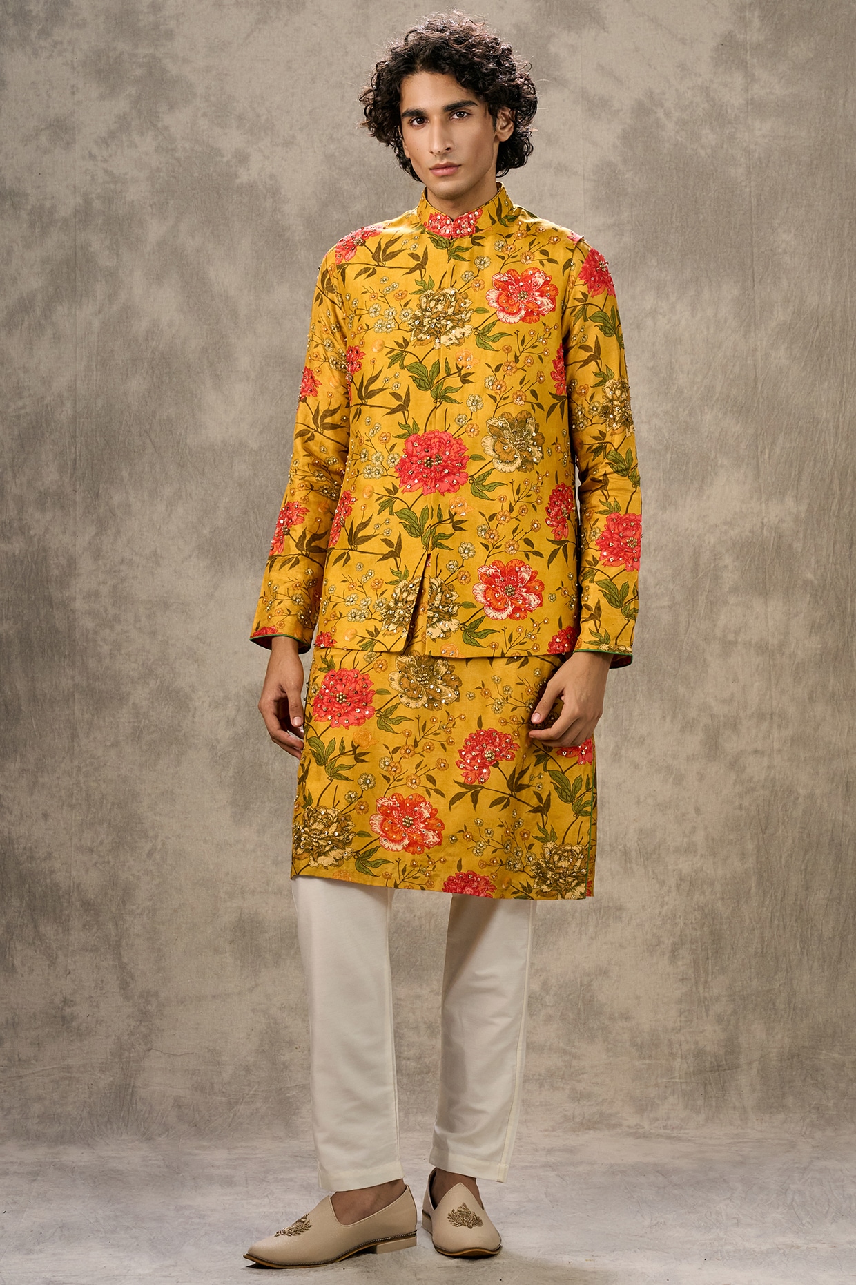 Twamev Yellow Art Silk Printed & Beadwork Bundi Jacket Set