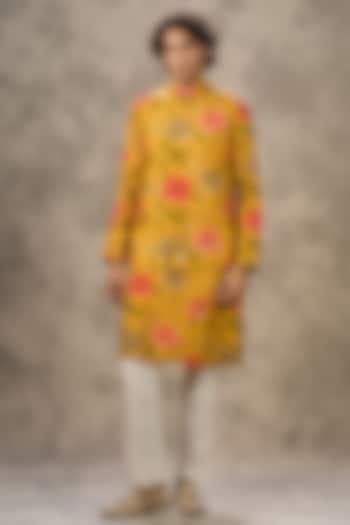 Yellow Art Silk Printed & Beadwork Bundi Jacket Set by Twamev at Pernia's Pop Up Shop