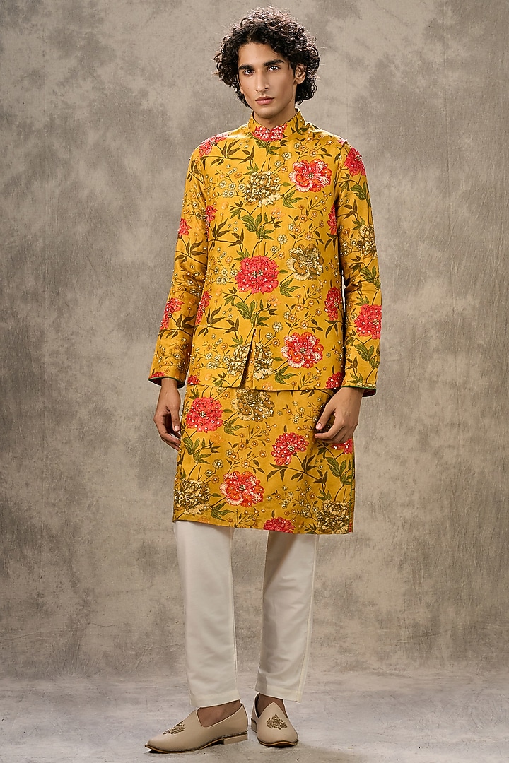 Yellow Art Silk Printed & Beadwork Bundi Jacket Set by Twamev at Pernia's Pop Up Shop
