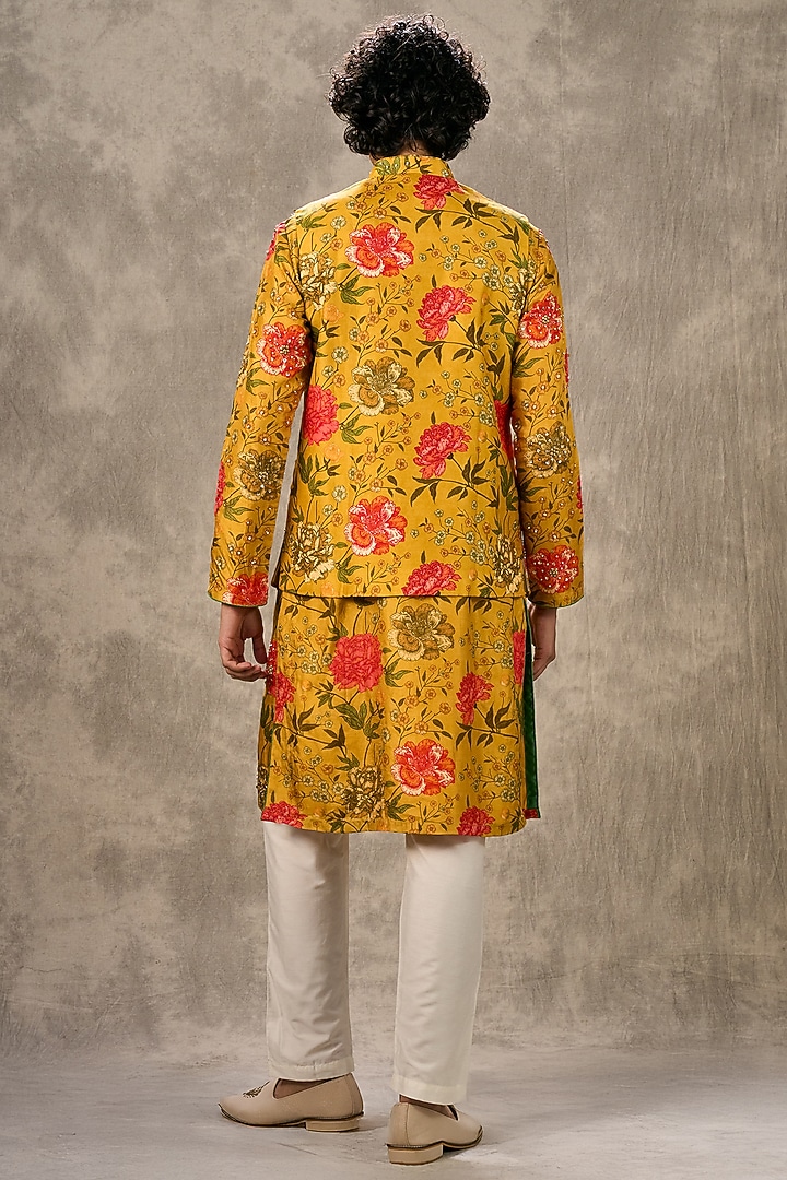 Yellow Art Silk Printed & Beadwork Bundi Jacket Set by Twamev at Pernia's Pop Up Shop