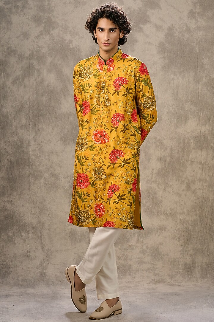 Yellow Art Silk Printed & Beadwork Bundi Jacket Set by Twamev at Pernia's Pop Up Shop