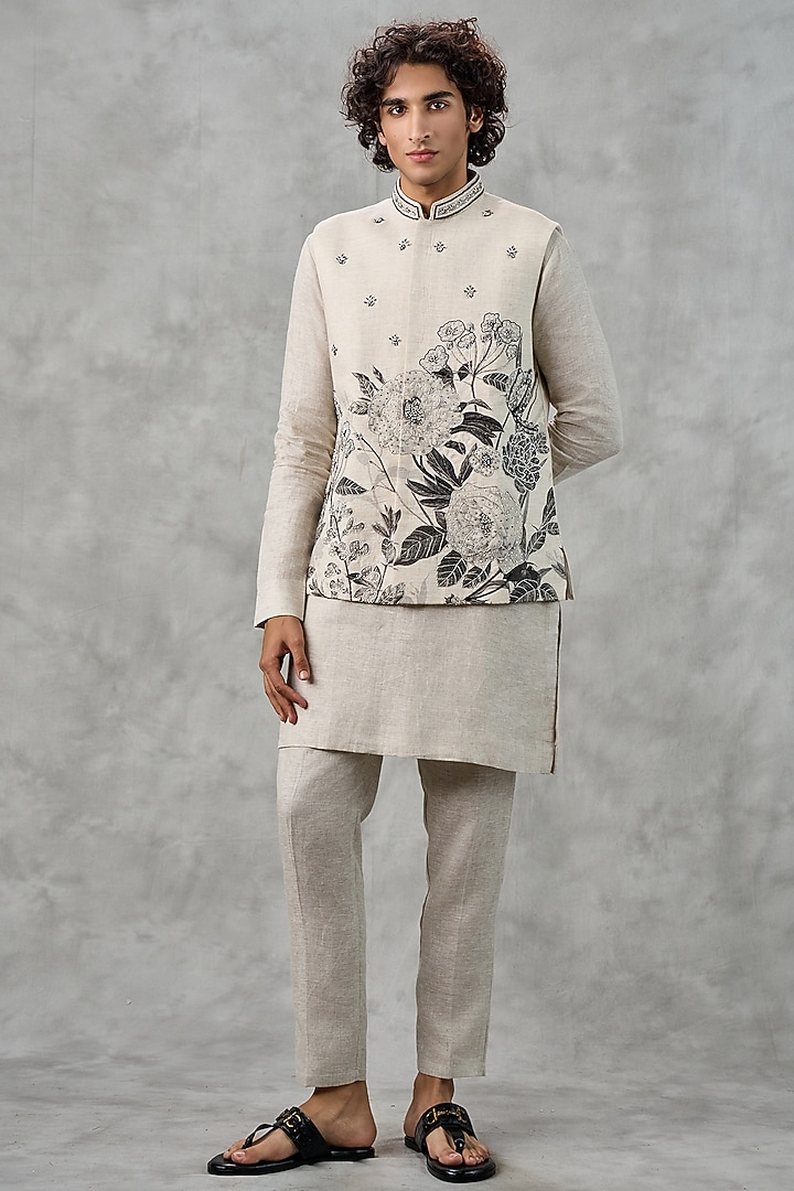 Beige Blended Rayon Thread Embroidered Bundi Jacket Set by Twamev at Pernia's Pop Up Shop