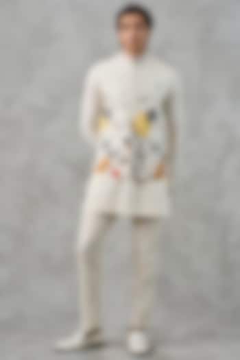 Cream Blended Rayon Thread Embroidered Bundi Jacket Set by Twamev at Pernia's Pop Up Shop