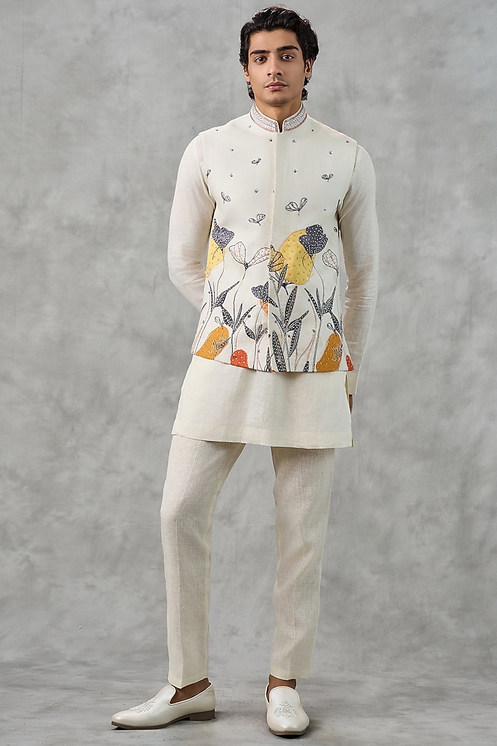 Cream Blended Rayon Thread Embroidered Bundi Jacket Set by Twamev at Pernia's Pop Up Shop