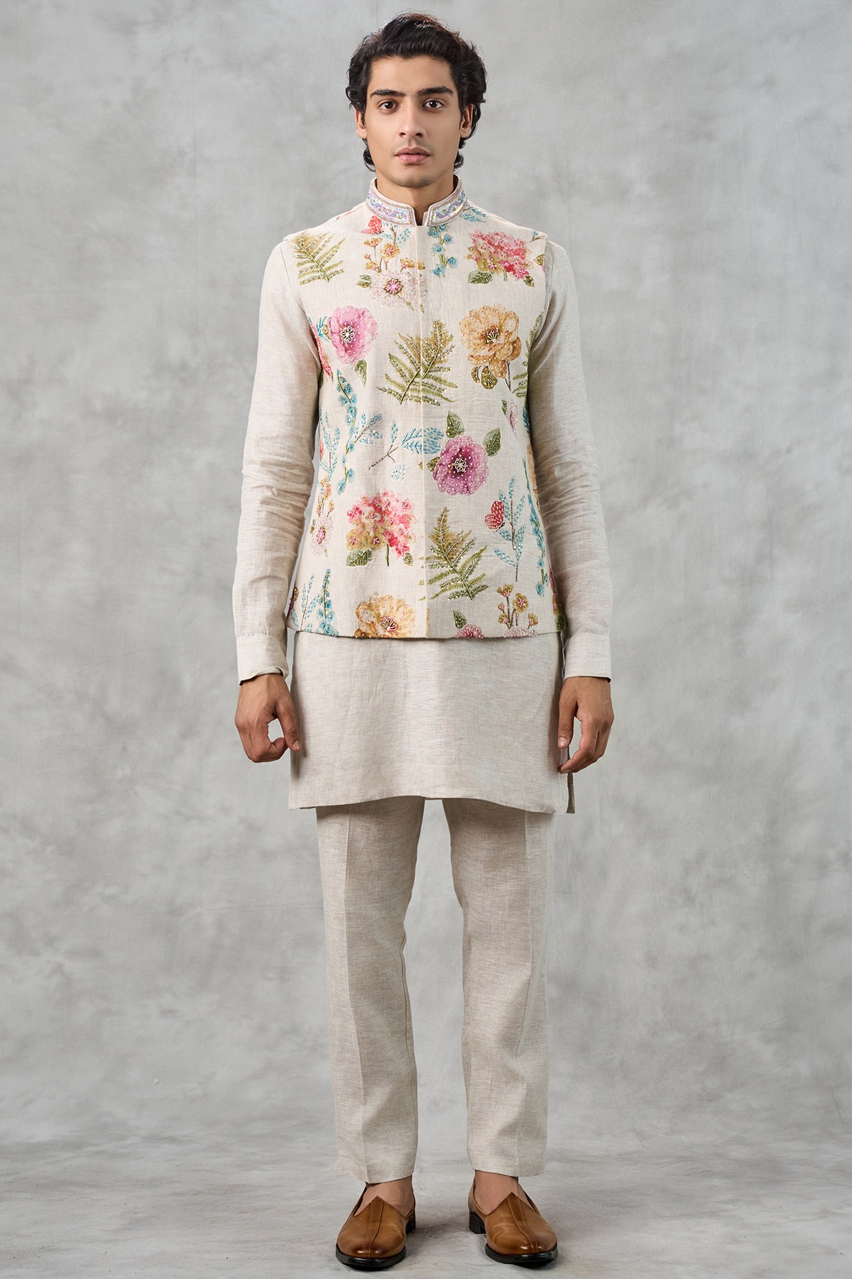 Twamev Beige Blended Rayon Moti Work Bundi Jacket Set
