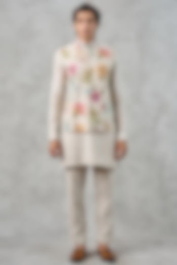 Beige Blended Rayon Moti Work Bundi Jacket Set by Twamev at Pernia's Pop Up Shop