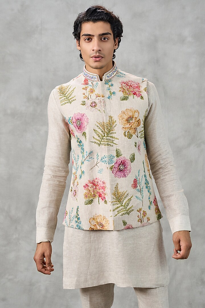 Beige Blended Rayon Moti Work Bundi Jacket Set by Twamev at Pernia's Pop Up Shop