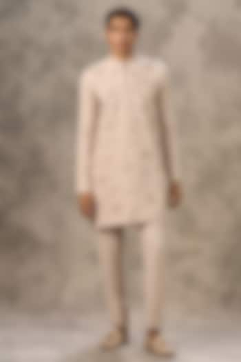 Beige Knit Fabric Thread Embroidered Kurta Set by Twamev at Pernia's Pop Up Shop
