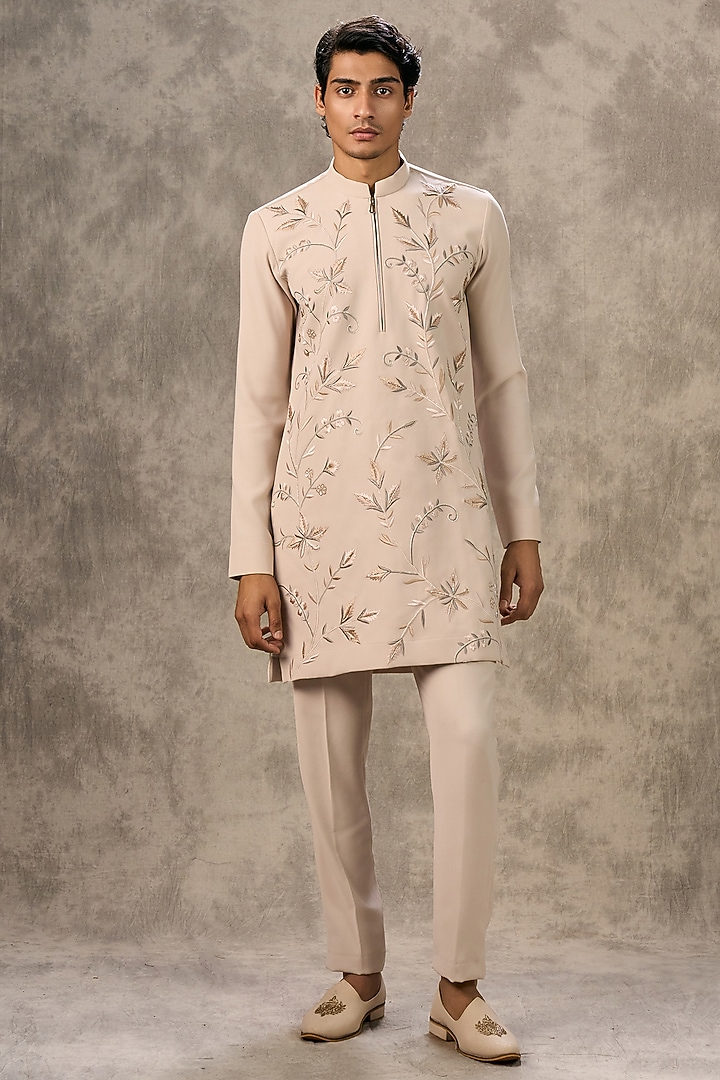 Beige Knit Fabric Thread Embroidered Kurta Set by Twamev at Pernia's Pop Up Shop