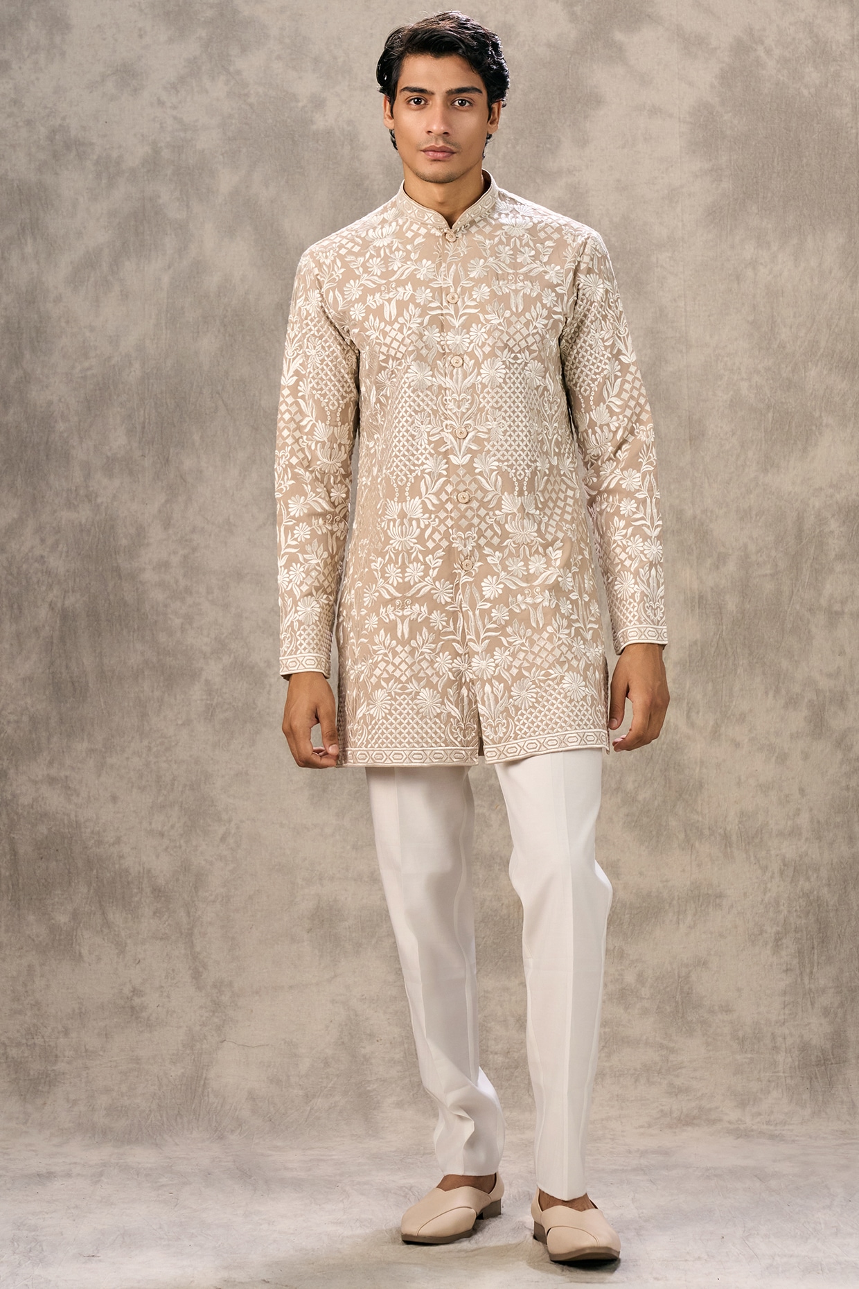 Twamev Fawn Georgette Thread Embroidered Kurta Set