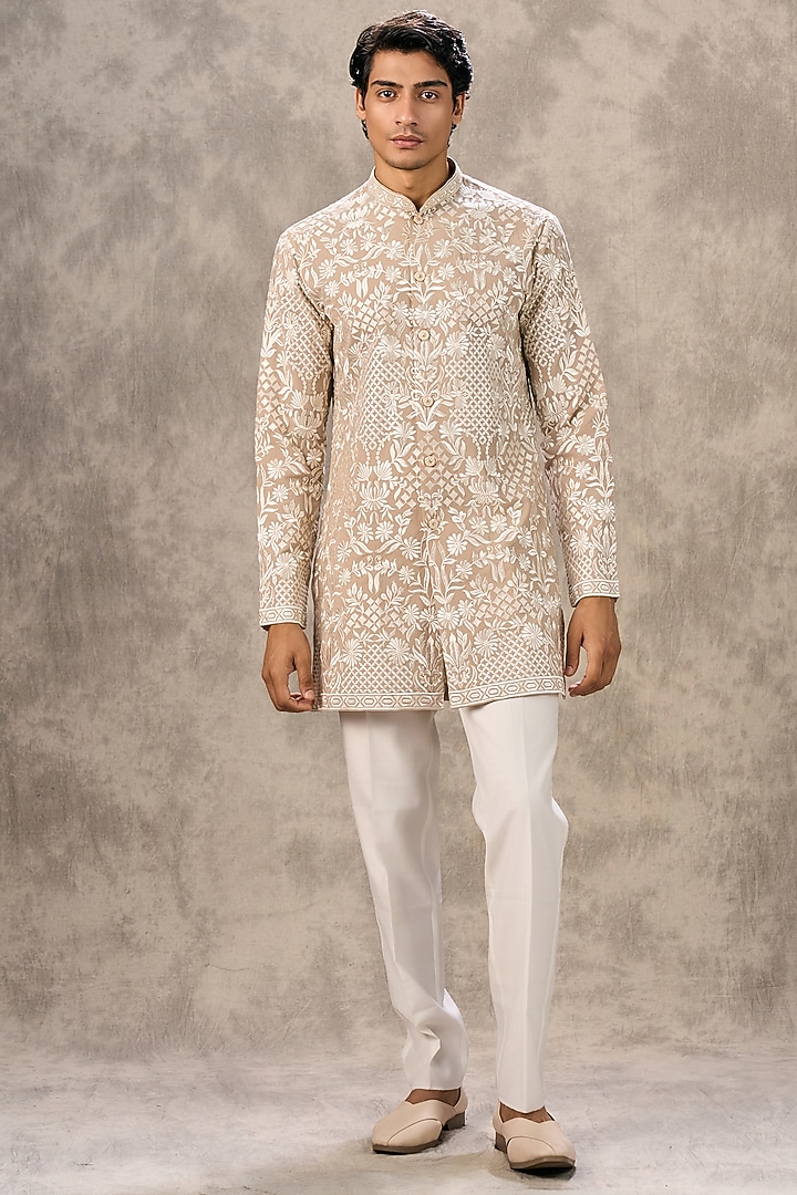 Fawn Georgette Thread Embroidered Kurta Set by Twamev at Pernia's Pop Up Shop