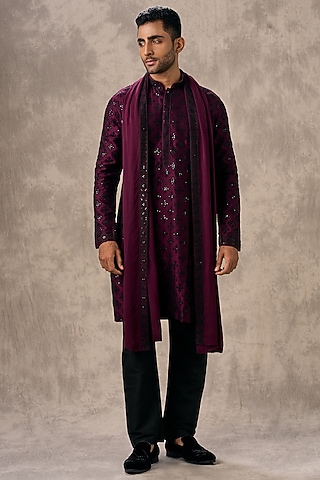 Wine Art Silk Thread Embroidered Kurta Set by Twamev