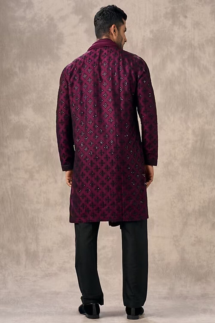 Wine Art Silk Thread Embroidered Kurta Set by Twamev at Pernia's Pop Up Shop