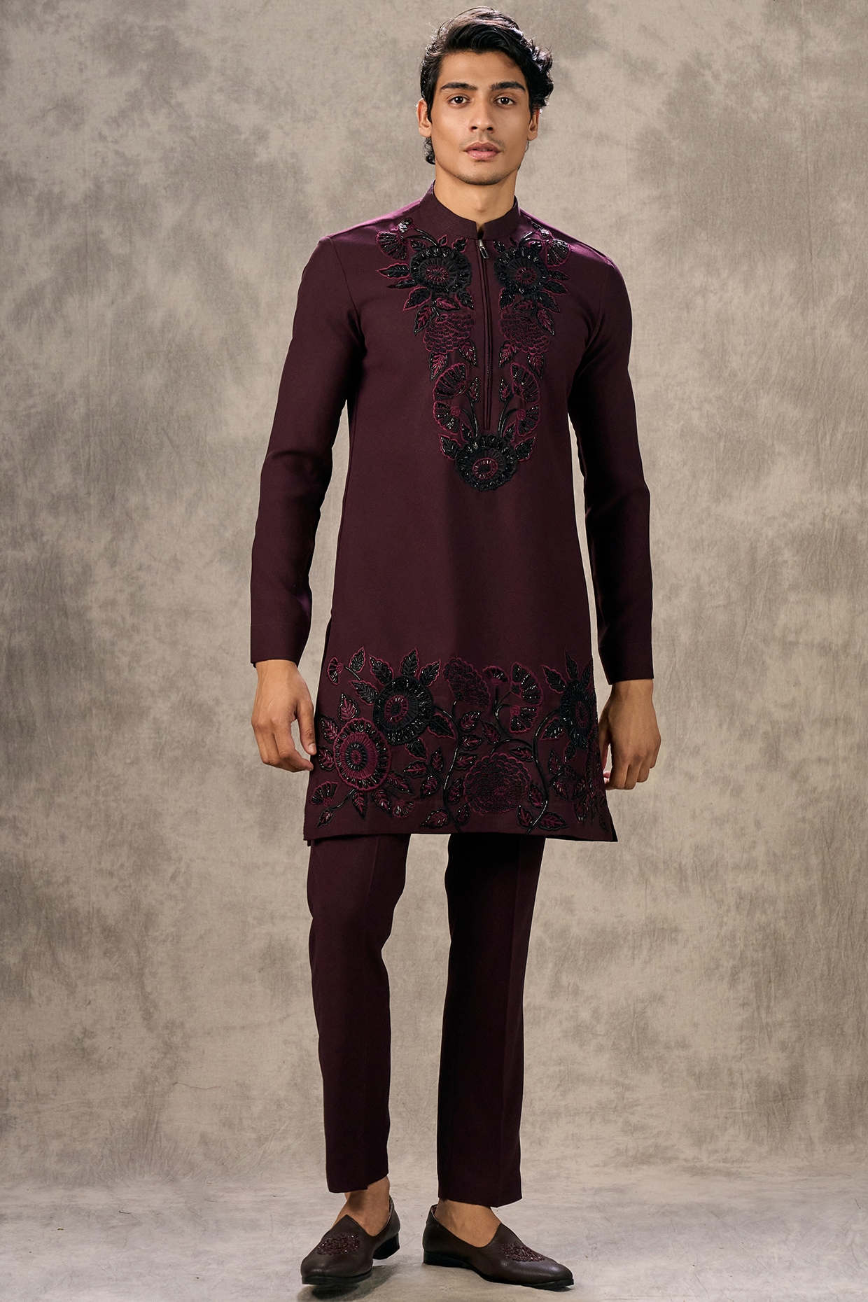 Twamev Wine Knit Fabric Thread Embroidered Kurta Set