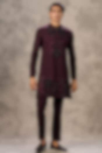 Wine Knit Fabric Thread Embroidered Kurta Set by Twamev at Pernia's Pop Up Shop