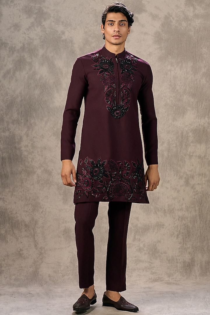 Wine Knit Fabric Thread Embroidered Kurta Set by Twamev at Pernia's Pop Up Shop