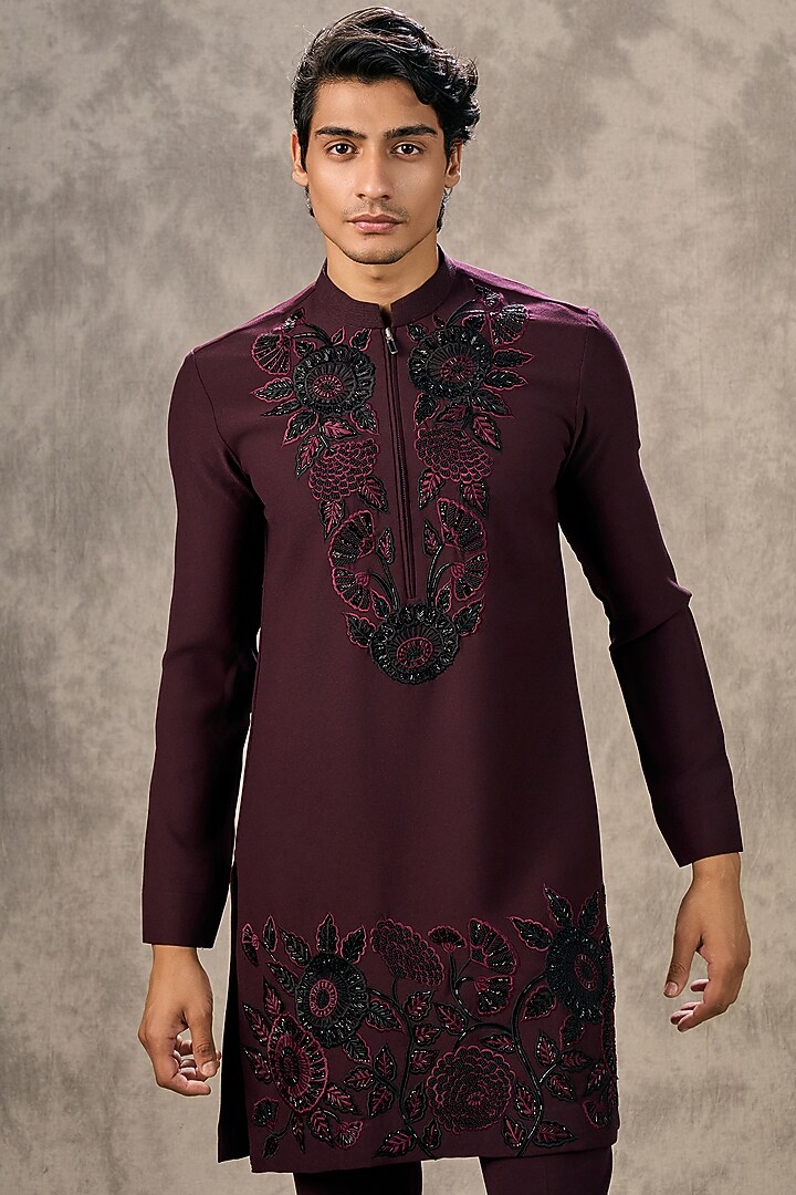Wine Knit Fabric Thread Embroidered Kurta Set by Twamev at Pernia's Pop Up Shop