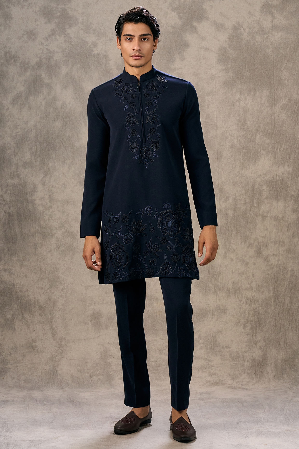 Twamev Dark Blue Knit Fabric Thread Embroidered Kurta Set