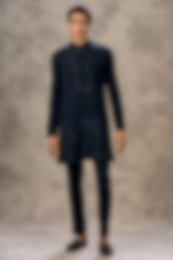 Dark Blue Knit Fabric Thread Embroidered Kurta Set by Twamev at Pernia's Pop Up Shop