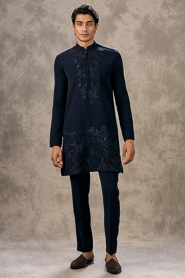 Dark Blue Knit Fabric Thread Embroidered Kurta Set by Twamev at Pernia's Pop Up Shop