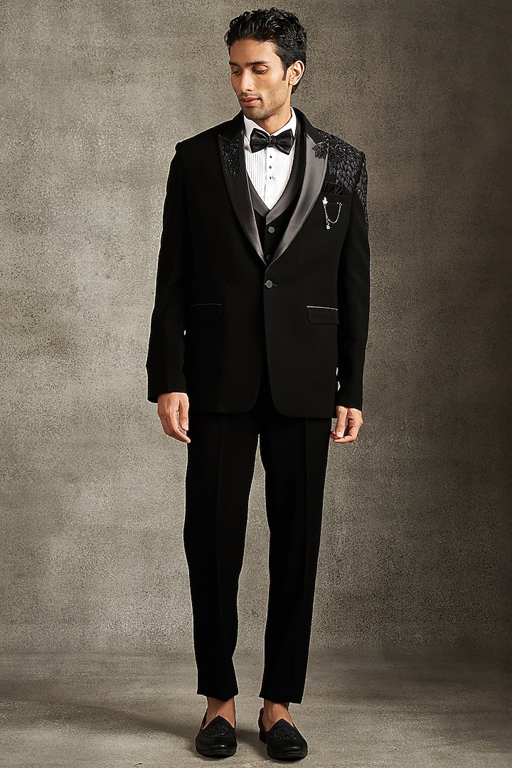 Black Blended Rayon Beadwork Blazer Set by Twamev at Pernia's Pop Up Shop