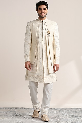Cream Georgette Embroidered Indowestern Set by Twamev