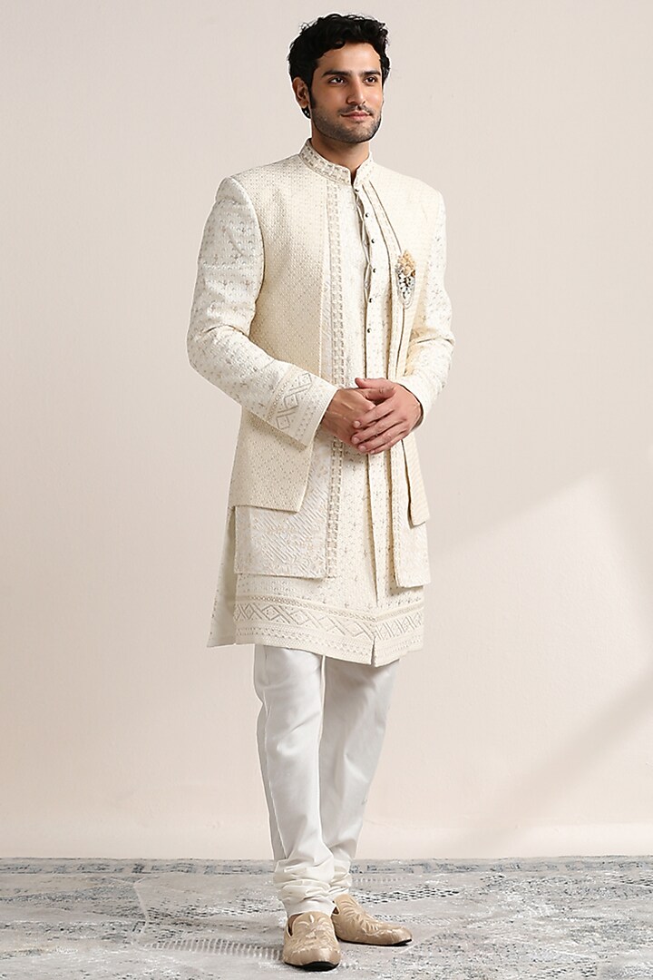 Cream Georgette Embroidered Wedding Indowestern Set by Twamev at Pernia's Pop Up Shop
