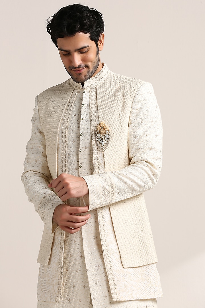 Cream Georgette Embroidered Wedding Indowestern Set by Twamev at Pernia's Pop Up Shop