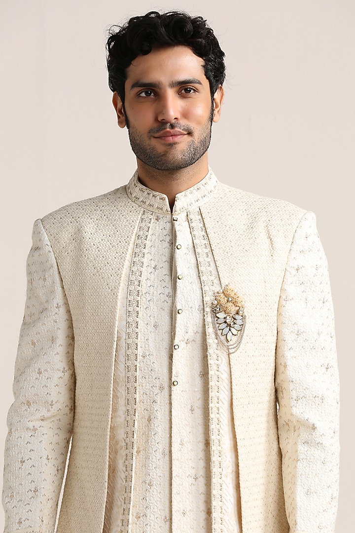 Cream Georgette Embroidered Wedding Indowestern Set by Twamev at Pernia's Pop Up Shop