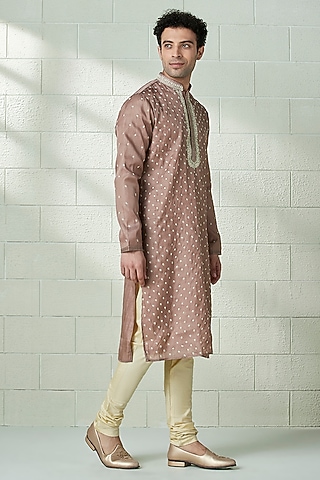 Mocha Brown Art Silk Embroidered Kurta Set by Twamev