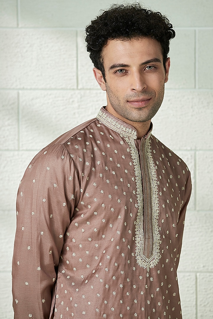 Mocha Brown Art Silk Embroidered Kurta Set by Twamev at Pernia's Pop Up Shop