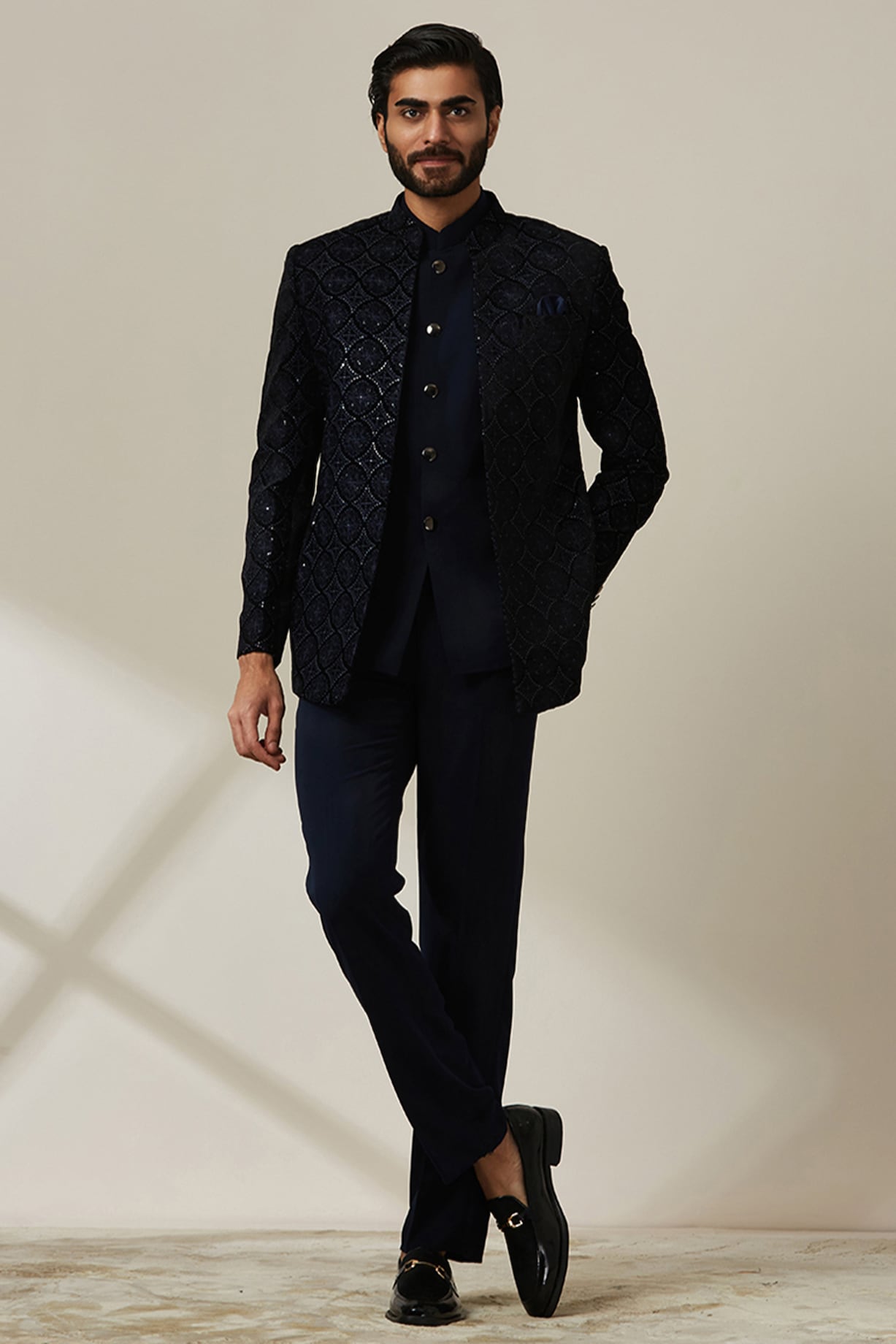 Sapphire Blue Rayon Embroidered Indo-Western Set by Twamev at