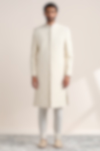 Off-White Georgette Chikankari Embroidered Wedding Sherwani Set by Twamev at Pernia's Pop Up Shop